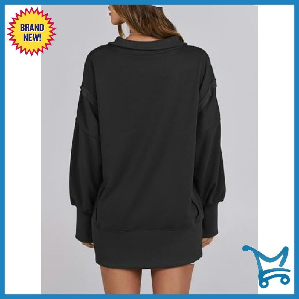 Oversized Henley Sweatshirt, Rayon Polyester Blend, High Low Split - Picture 7 of 8